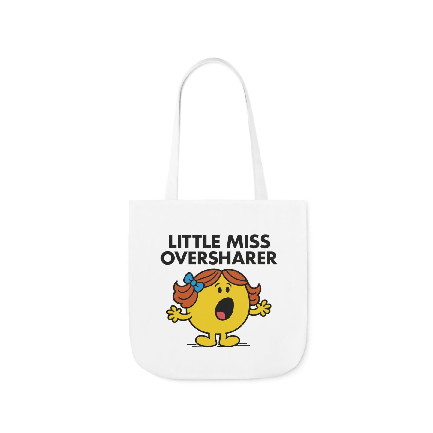 Straight-on view of tote bag showing Little Miss Oversharer deep in a very personal story. It’s 8:03 a.m. at the bus stop. Part of the Vivid Divergence Little Miss Meme Collection!