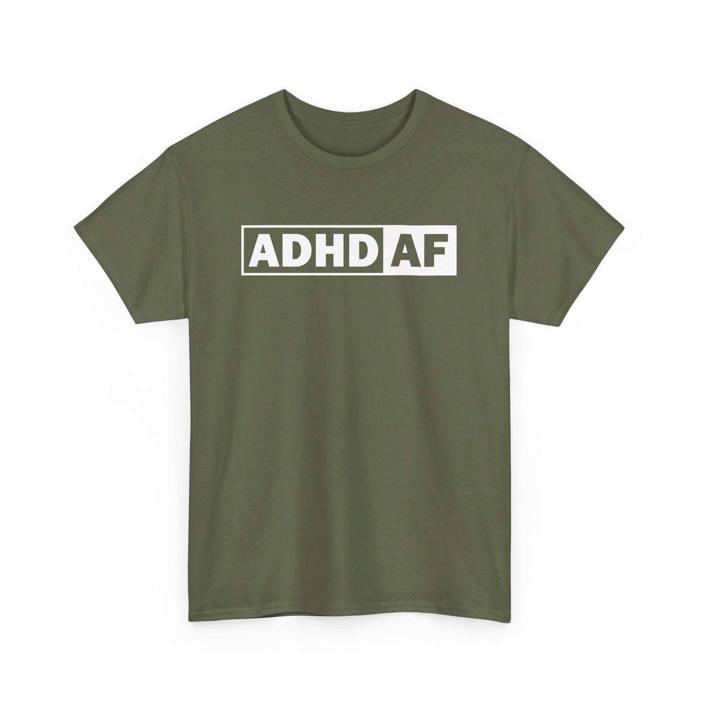 Front view of a military green T-shirt with bold "ADHD AF" text. Part of the Vivid Divergence Sensory Friendly Unisex Tees Range.