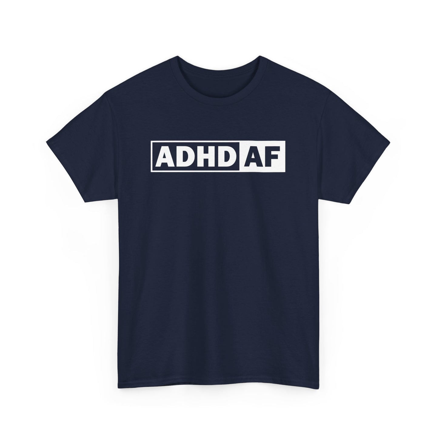 Front view of a navy T-shirt with bold "ADHD AF" text. Part of the Vivid Divergence Sensory Friendly Unisex Tees Range.