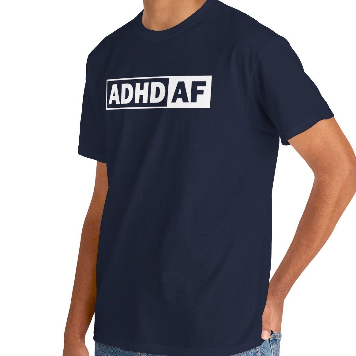 Model wearing a navy T-shirt with bold "ADHD AF" text. Part of the Vivid Divergence Sensory Friendly Unisex Tees Range.