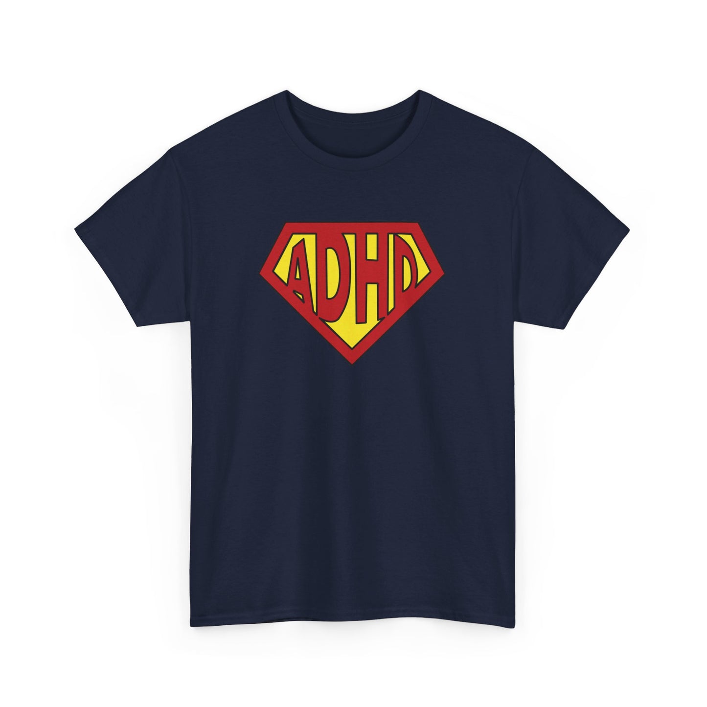 Front view of a navy T-shirt with a yellow and red ADHD logo styled in the Superman symbol. Part of the Vivid Divergence Sensory Friendly Unisex Tees Range.