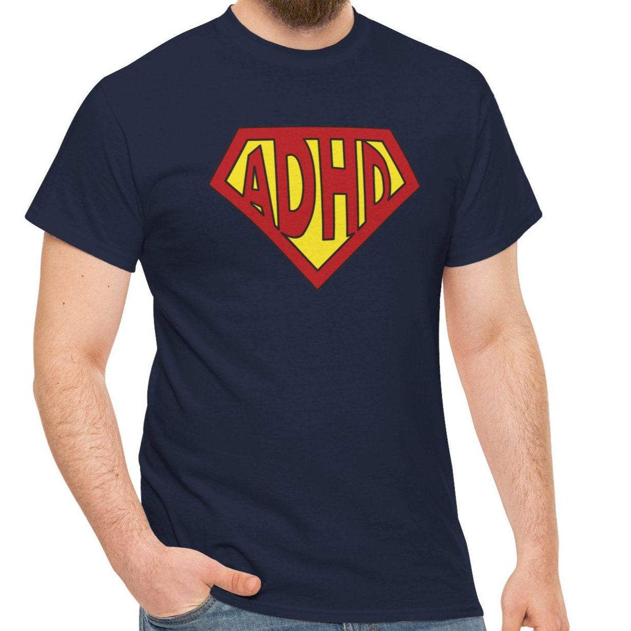 Side view of a navy T-shirt featuring a yellow and red ADHD logo styled in the Superman symbol. Part of the Vivid Divergence Sensory Friendly Unisex Tees Range.
