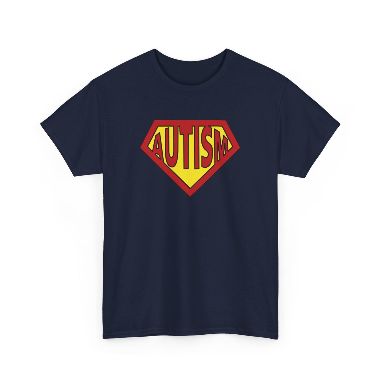 Front view of a navy Autism Superpower T-shirt with a Superman-inspired logo. Part of the Vivid Divergence Sensory Friendly Unisex Tees Range.