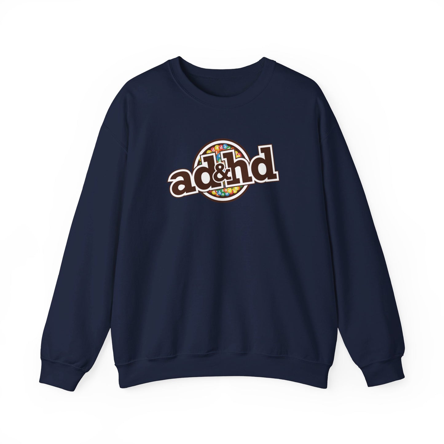 Flat-lay of a navy blue sweater jumper with an "ADHD" m&m brand parody design in brown and yellow tones. Part of the Vivid Divergence Sensory Friendly Unisex Sweater Jumper Range.