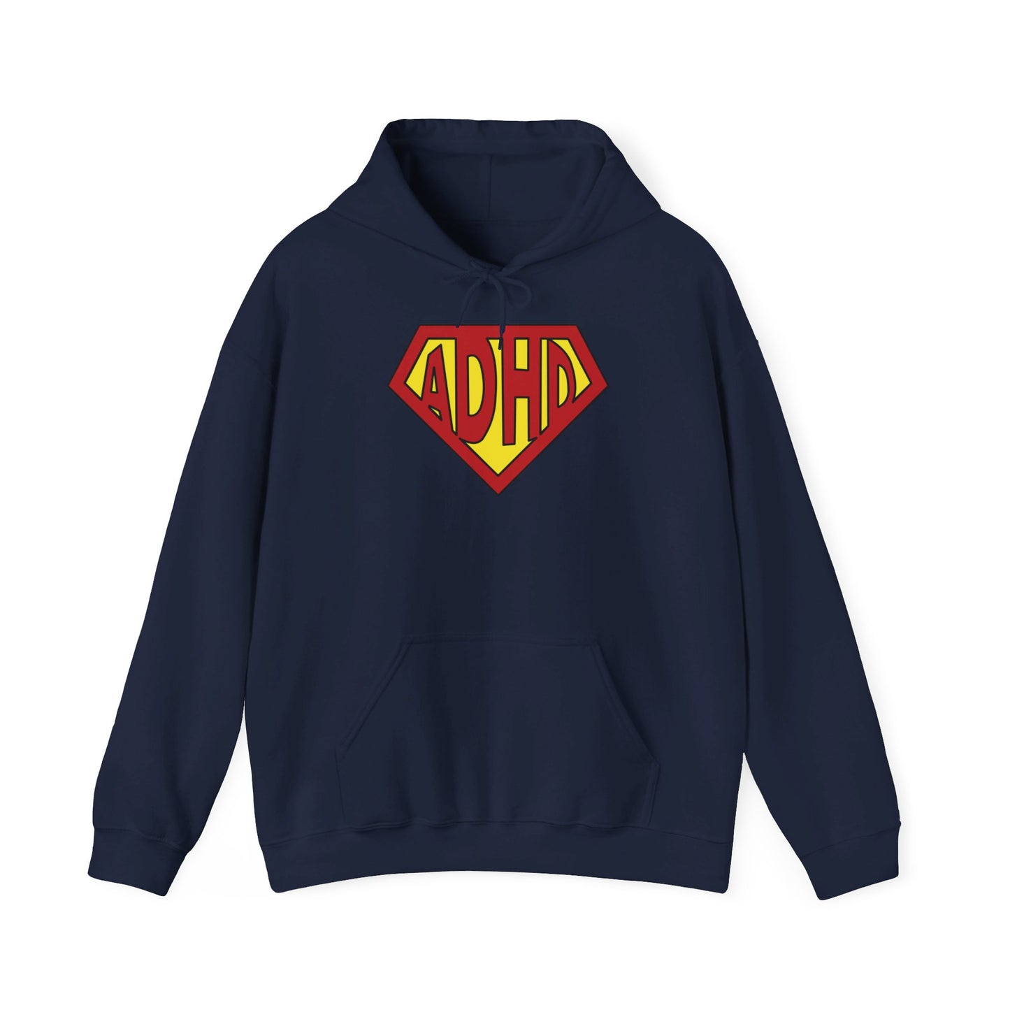 Front view of a navy blue hoodie featuring the text "ADHD" inside a Superman-style red and yellow shield design. Part of the Vivid Divergence Sensory Friendly Unisex Hoodie Range.