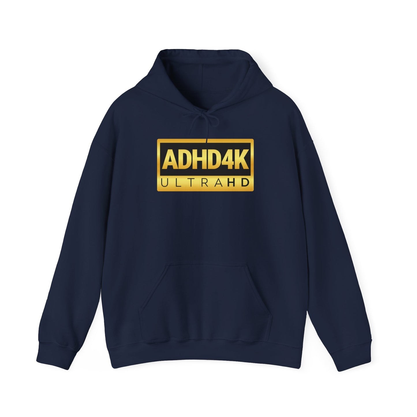 Front view of a navy blue hoodie with the text "ADHD4K UltraHD" in bold yellow and black lettering inside a rectangular design. Part of the Vivid Divergence Sensory Friendly Unisex Hoodie Range.