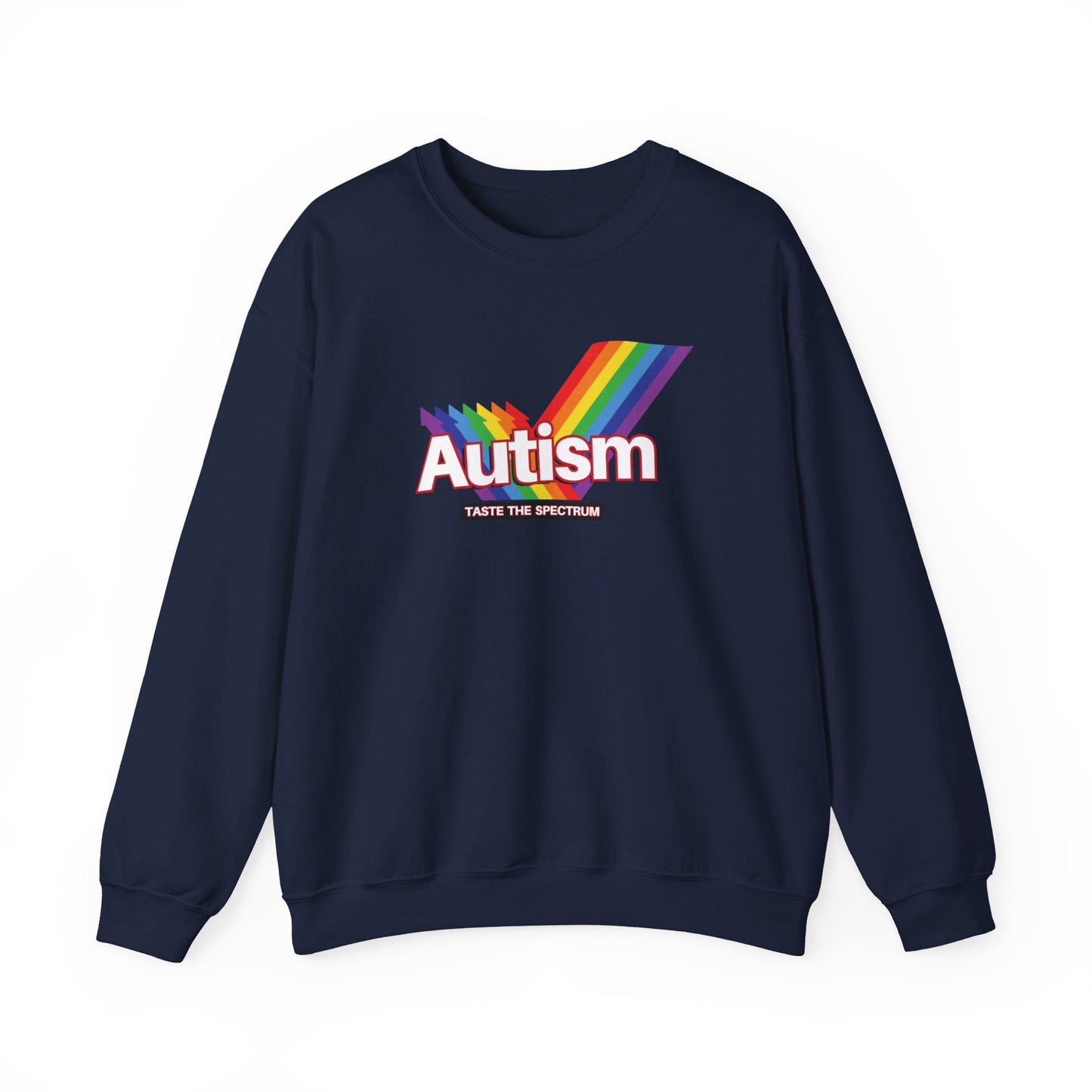 Flat-lay of a navy blue sweater jumper with an "Autism" Skittles brand parody design featuring rainbow stripes. Part of the Vivid Divergence Sensory Friendly Unisex Sweater Jumper Range.