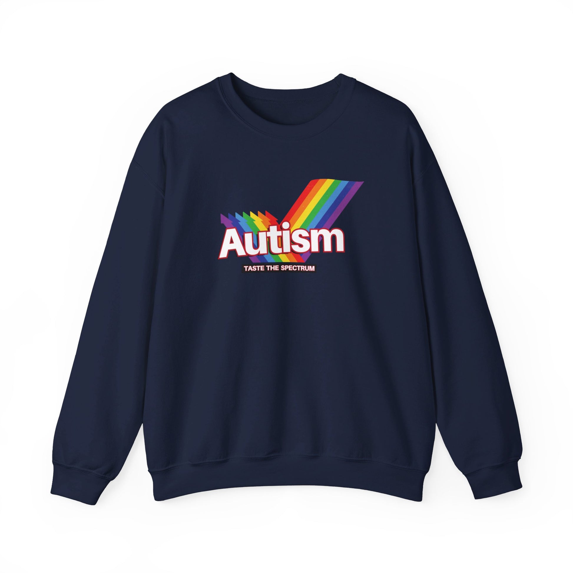 Flat-lay of a navy blue sweater jumper with an "Autism" Skittles brand parody design featuring rainbow stripes. Part of the Vivid Divergence Sensory Friendly Unisex Sweater Jumper Range.
