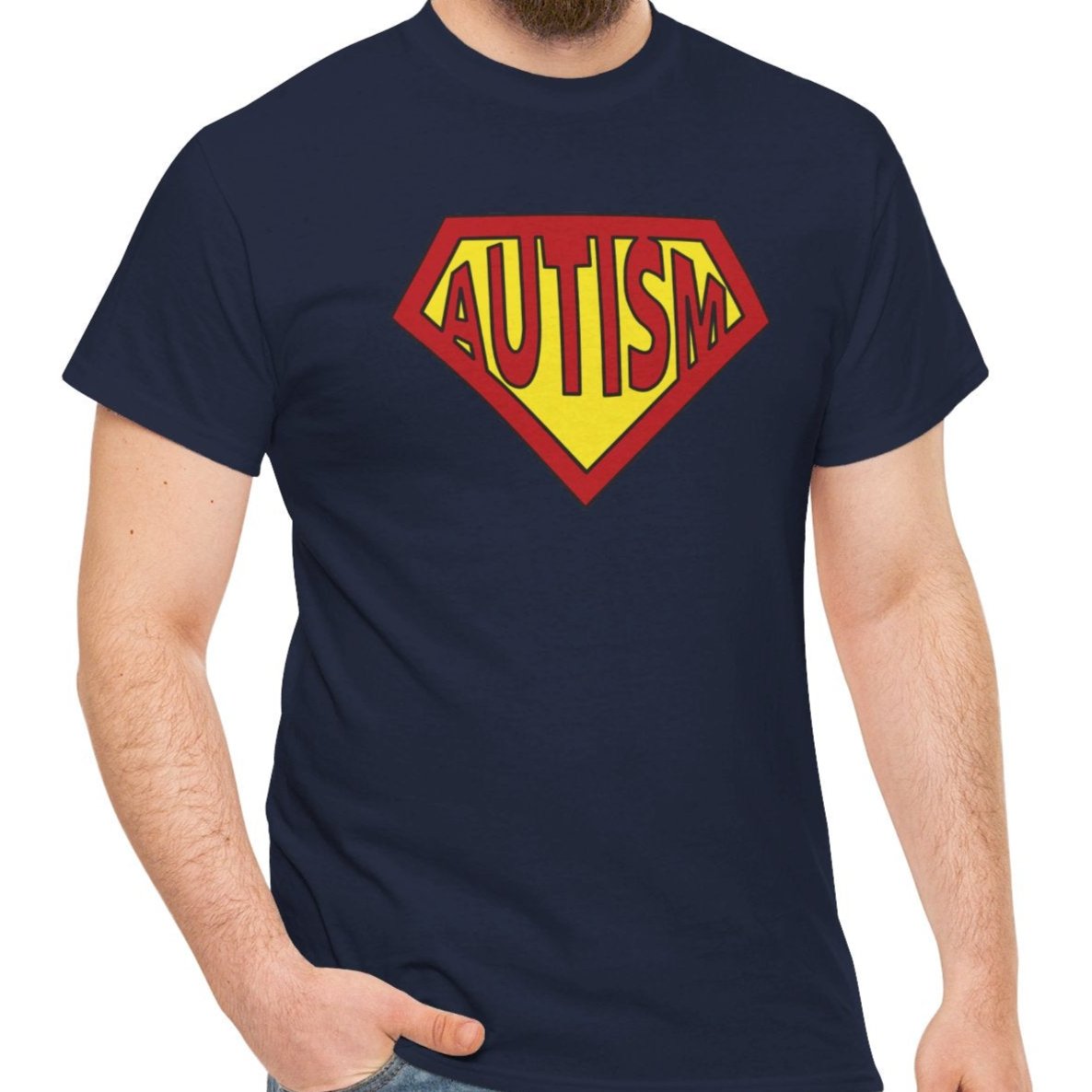 A person wearing a navy blue Autism Superpower T-shirt with rolled-up sleeves, highlighting the unisex design. Part of the Vivid Divergence Sensory Friendly Unisex Tees Range.
