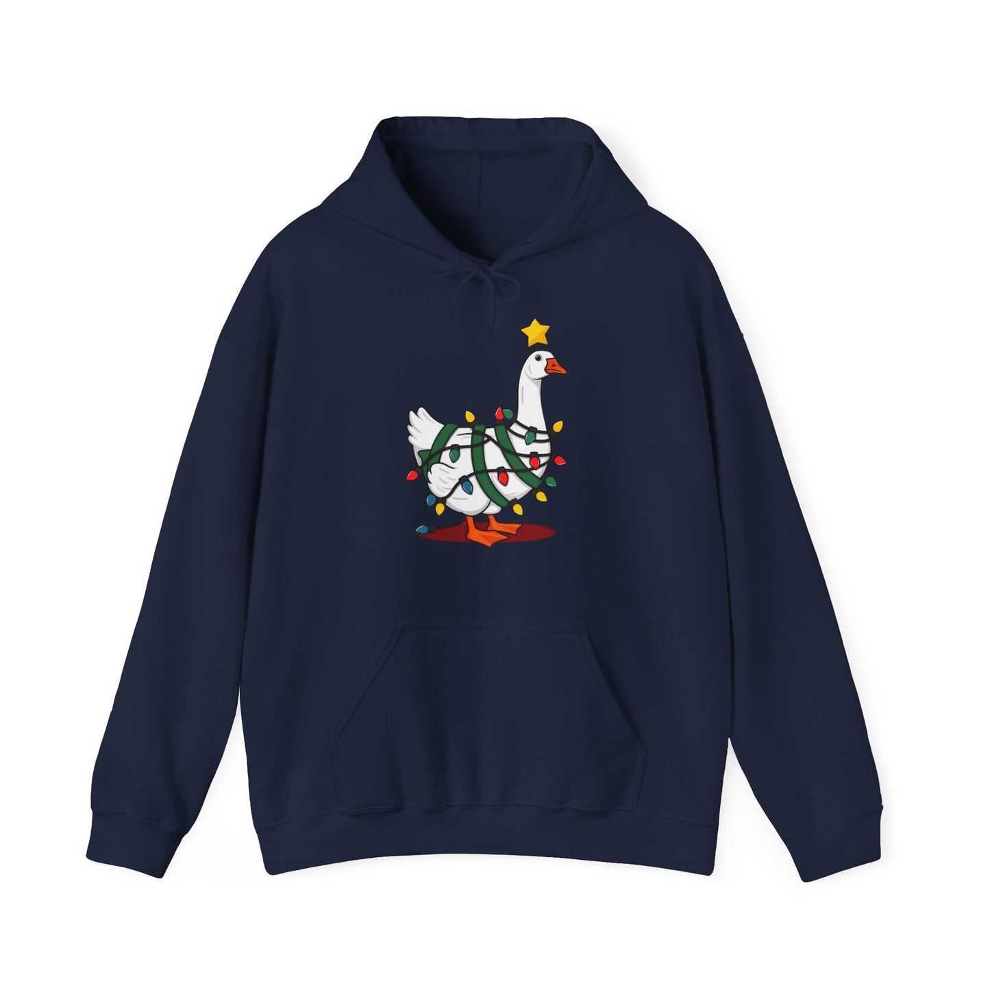 Front view of a navy blue hoodie featuring a festive illustration of a goose wearing a Santa hat and stringing Christmas lights, with the text "Goose on the Loose." Part of the Vivid Divergence Sensory Friendly Unisex Hoodie Range.