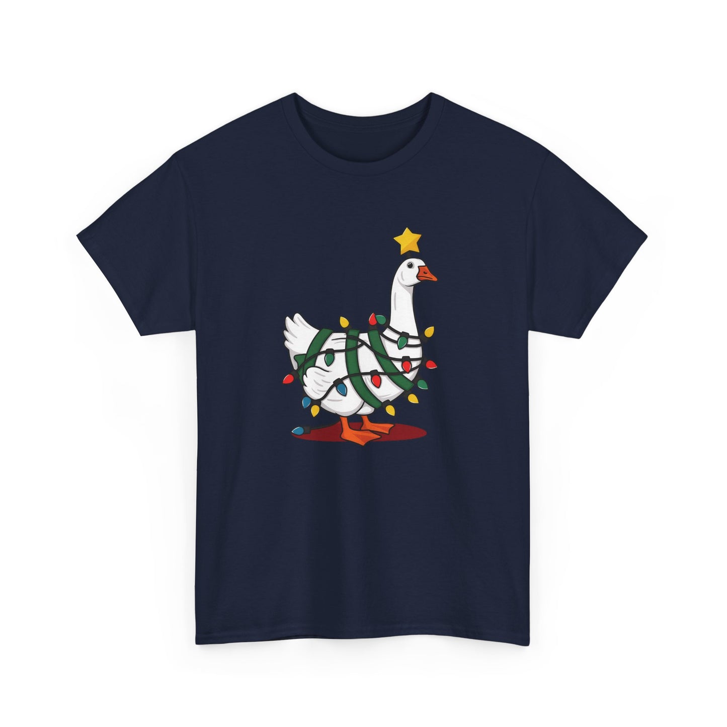 Front view of a navy blue T-shirt featuring a festive illustration of a goose wearing a Santa hat and stringing Christmas lights, with the text "Goose on the Loose." Part of the Vivid Divergence Sensory Friendly Unisex Tees Range.