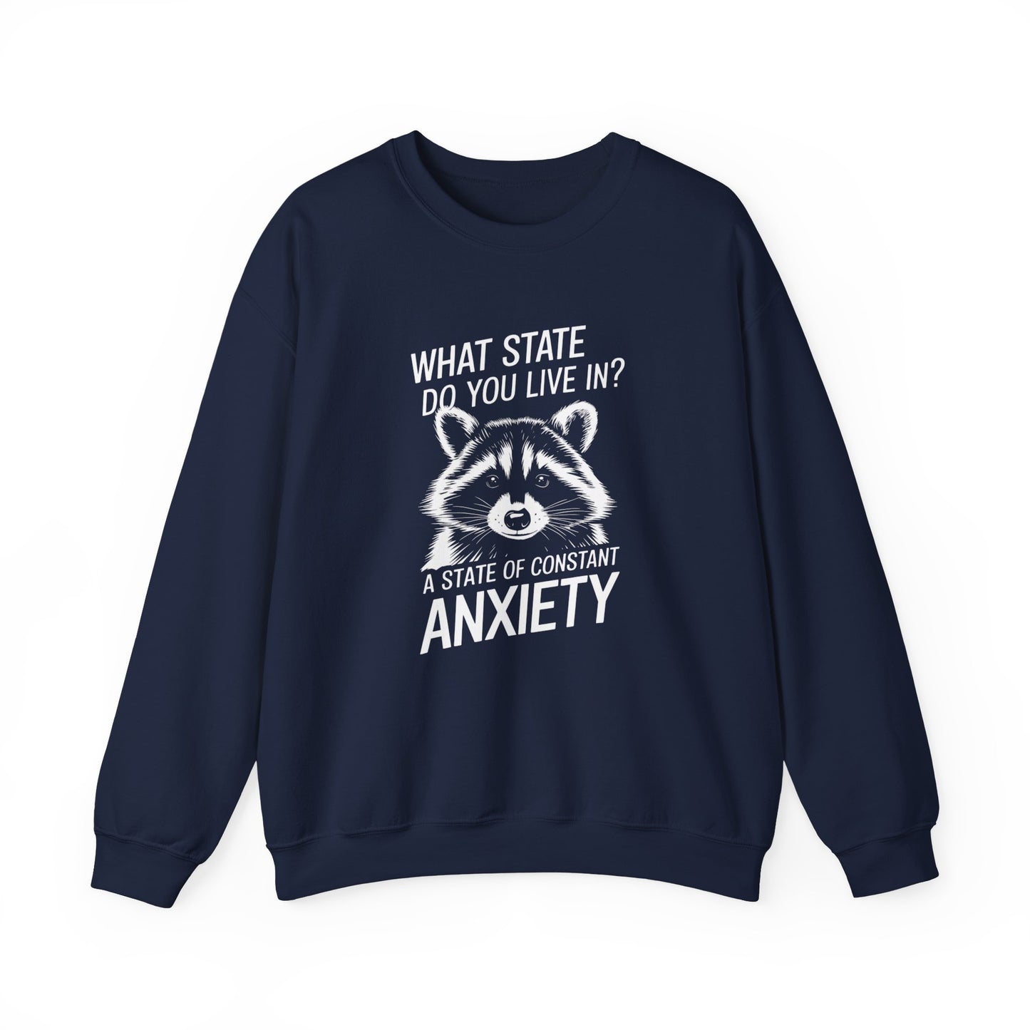 Front view of a navy blue sweater jumper with the text "What state do you live in? A constant state of anxiety" and a cartoon raccoon illustration. Part of the Vivid Divergence Sensory Friendly Unisex Sweater Jumper Range.