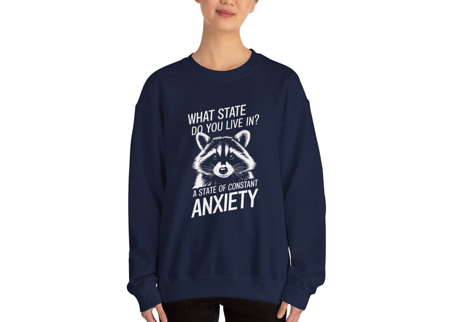 Model wearing a navy blue sweater jumper with the text "What state do you live in? A constant state of anxiety" and a cartoon raccoon illustration. Part of the Vivid Divergence Sensory Friendly Unisex Sweater Jumper Range.