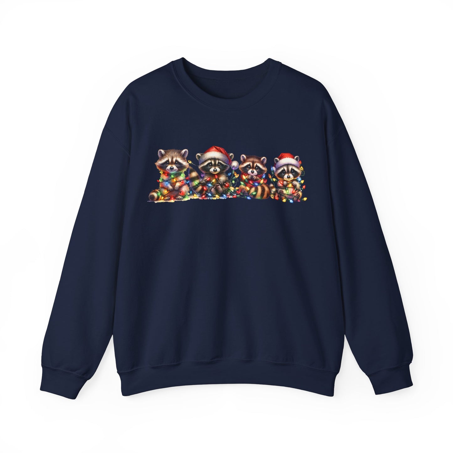 Front view of a navy blue sweatshirt featuring a festive illustration of raccoons in Christmas attire causing holiday chaos. Part of the Vivid Divergence Sensory Friendly Unisex Sweater Jumper Range.