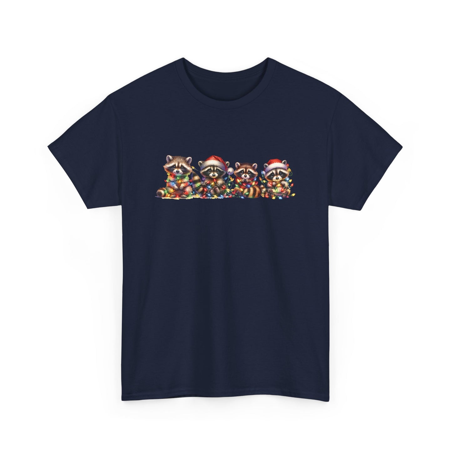 Front view of a navy blue T-shirt featuring a festive illustration of raccoons in Christmas attire causing holiday chaos. Part of the Vivid Divergence Sensory Friendly Unisex Tees Range.