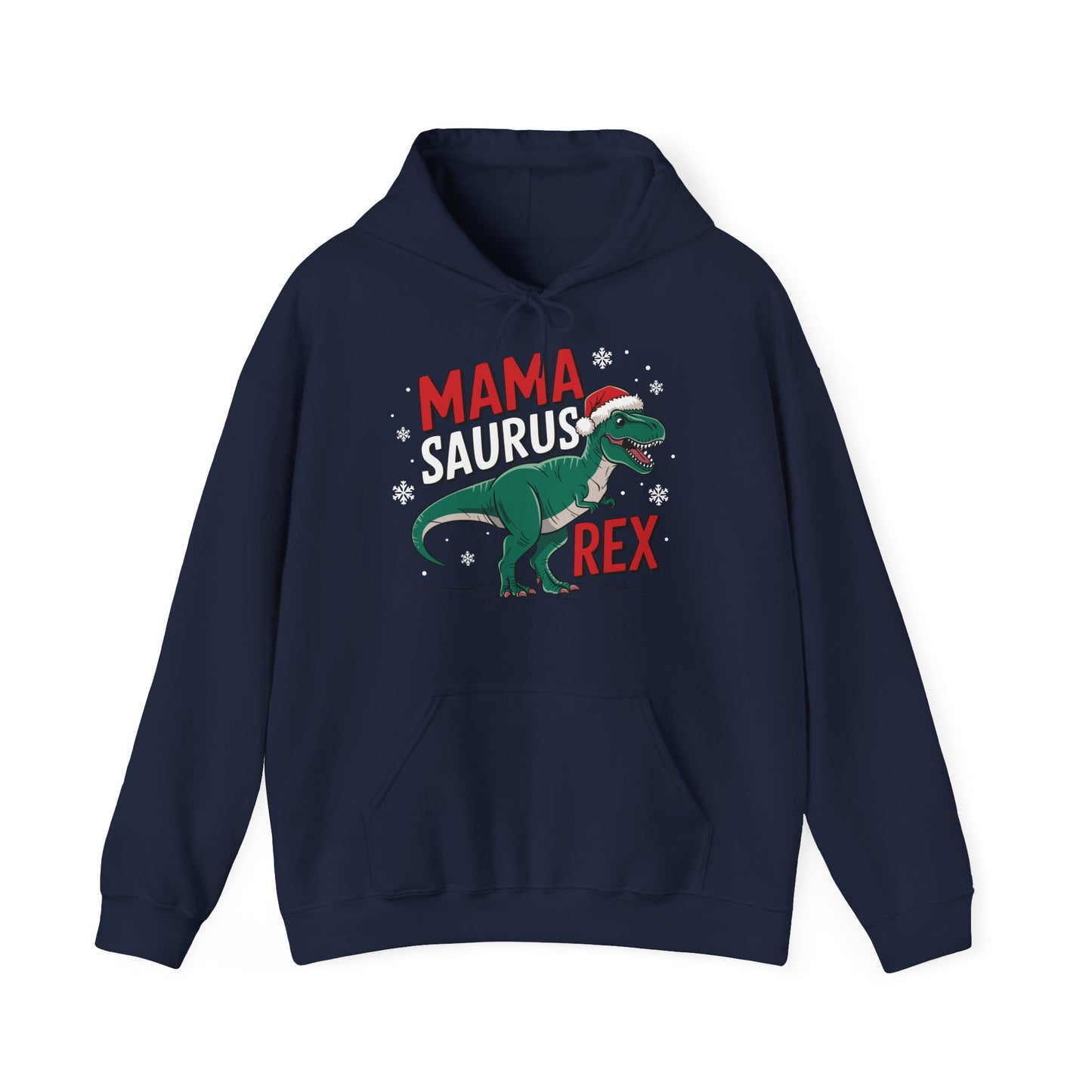 Front view of a navy blue hoodie featuring a "Mama-Saurus Rex" design with a festive dinosaur illustration. Part of the Vivid Divergence Sensory Friendly Unisex Hoodie Range.