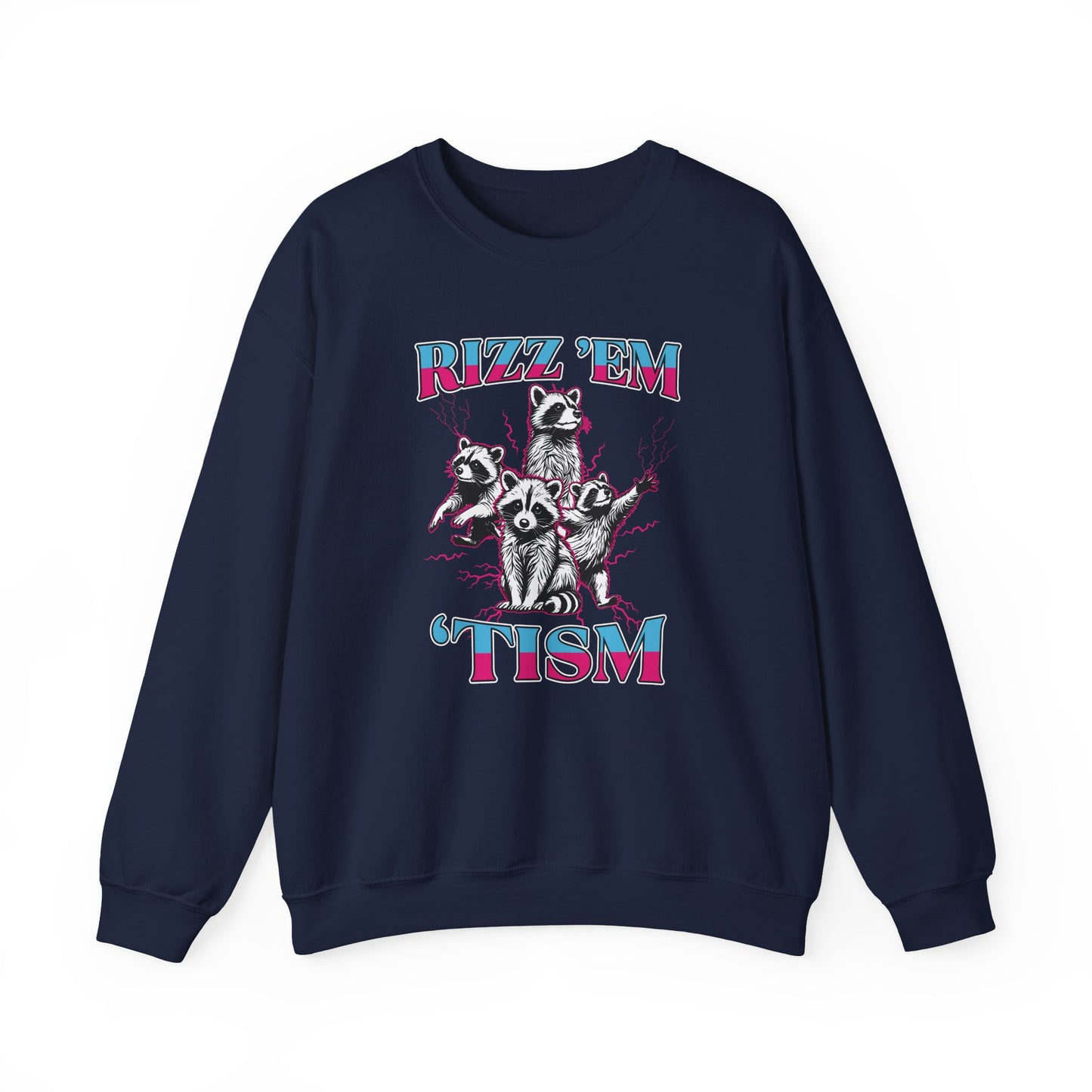 Front view of a navy blue sweater jumper with the text "Rizz 'Em 'Tism" and a cartoon raccoon illustration striking a pose. Part of the Vivid Divergence Sensory Friendly Unisex Sweater Jumper Range.
