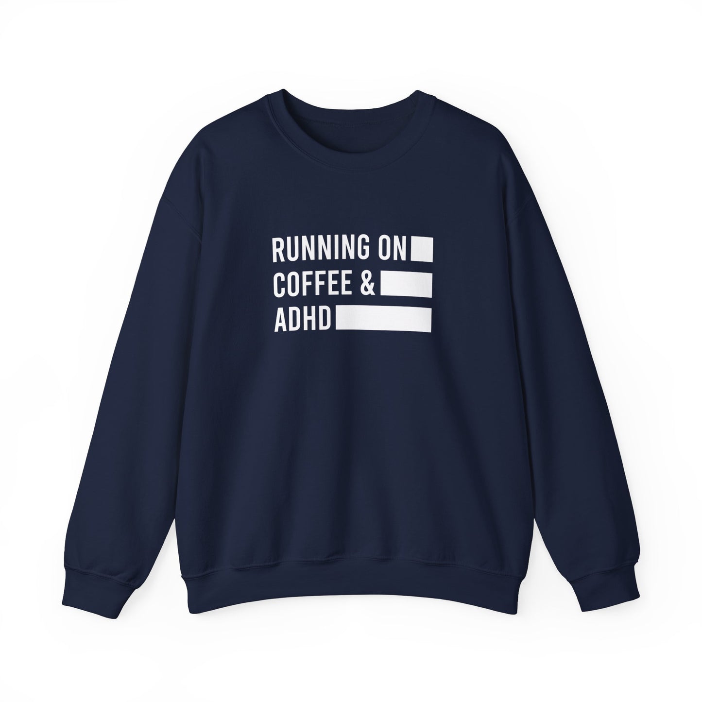 Front view of a navy blue sweater jumper with the text "Running on Coffee & ADHD" in bold white lettering and a battery graphic. Part of the Vivid Divergence Sensory Friendly Unisex Sweater Jumper Range.