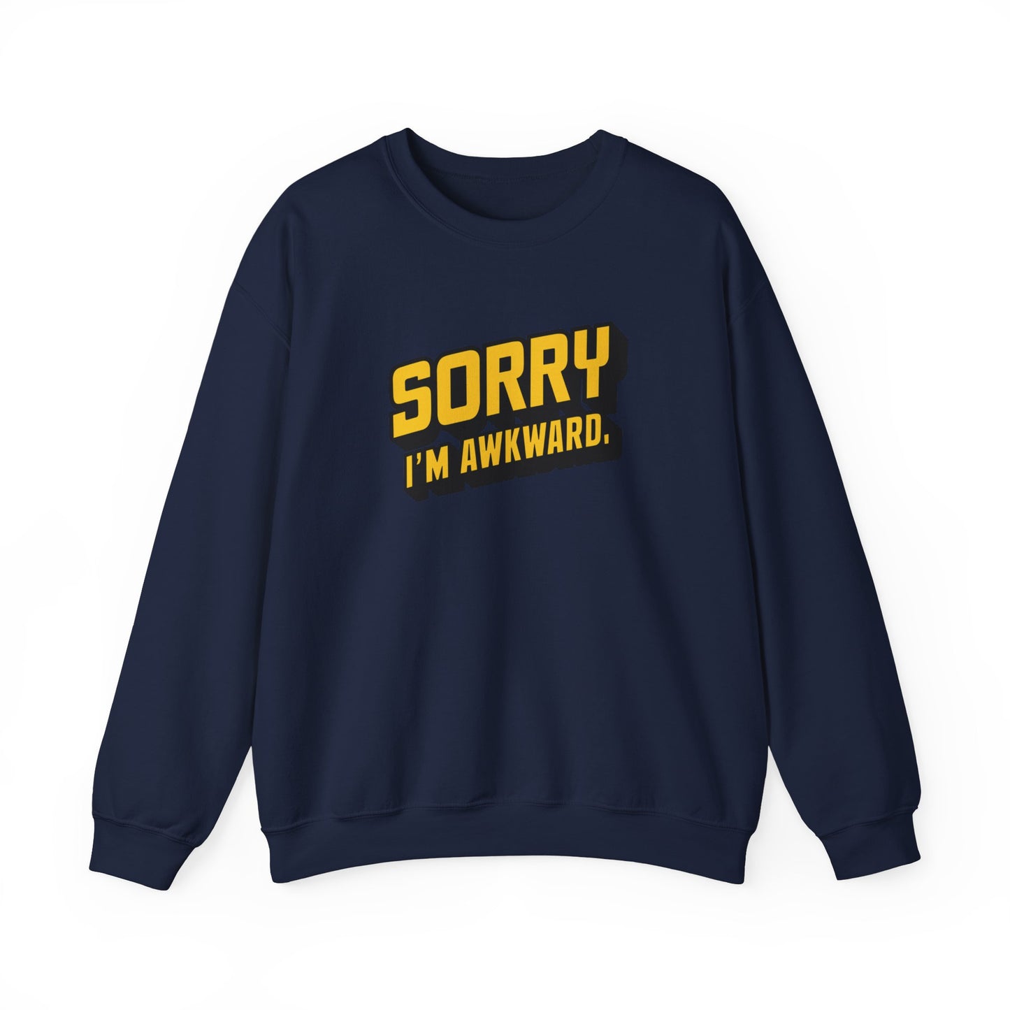 Front view of a navy blue sweater jumper with the text "Sorry, I'm Awkward." in bold yellow lettering. Part of the Vivid Divergence Sensory Friendly Unisex Sweater Jumper Range.