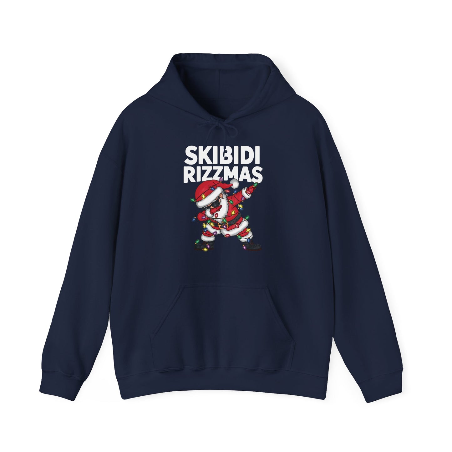Navy blue hoodie with a dabbing Santa and "Skibidi Rizzmas" text, displayed from the back. Part of the Vivid Divergence Sensory Friendly Unisex Hoodies Range.
