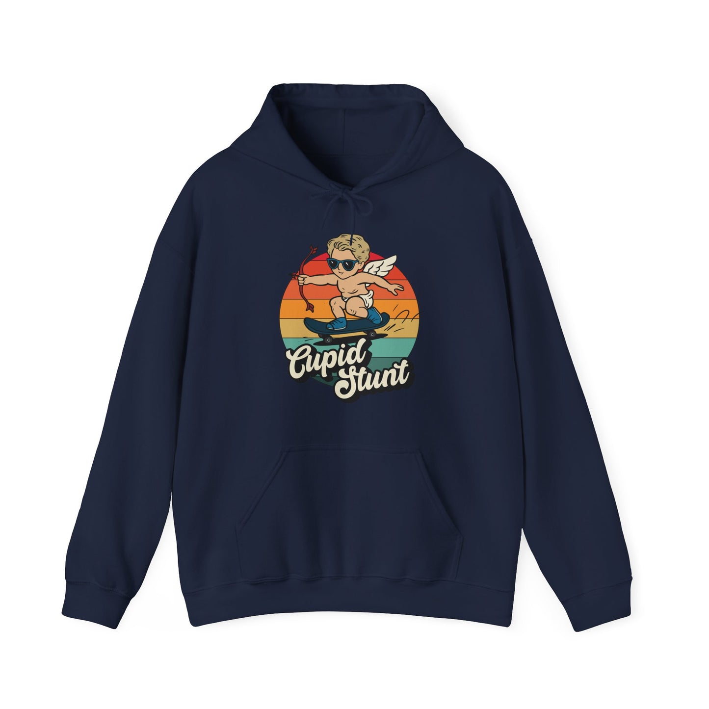 Front view of a navy blue hoodie featuring a retro-style sunset background with an illustration of Cupid riding a skateboard and the text "Cupid Stunt." Part of the Vivid Divergence Sensory Friendly Unisex Hoodie Range.
