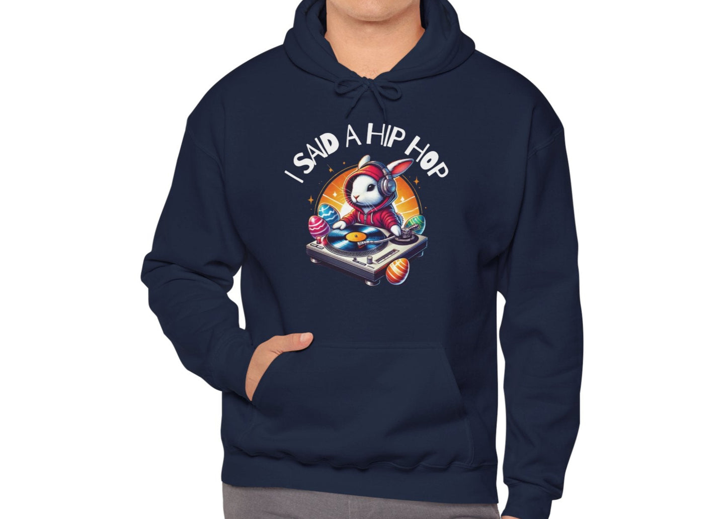 Man in navy hoodie with colorful Easter-themed hip hop design. Part of the Vivid Divergence Sensory Friendly Unisex Hoodies Range.