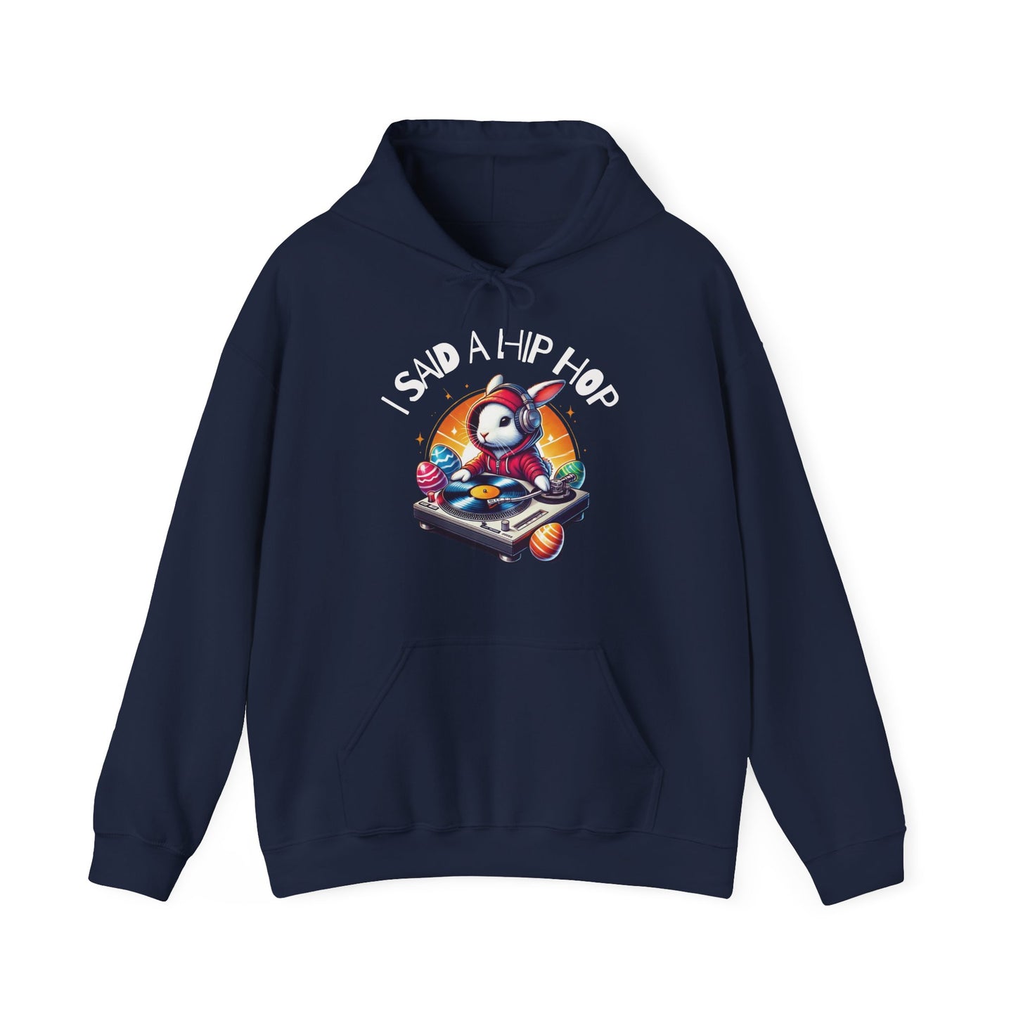 Front view of navy hoodie with festive Easter hip hop graphic. Part of the Vivid Divergence Sensory Friendly Unisex Hoodies Range.