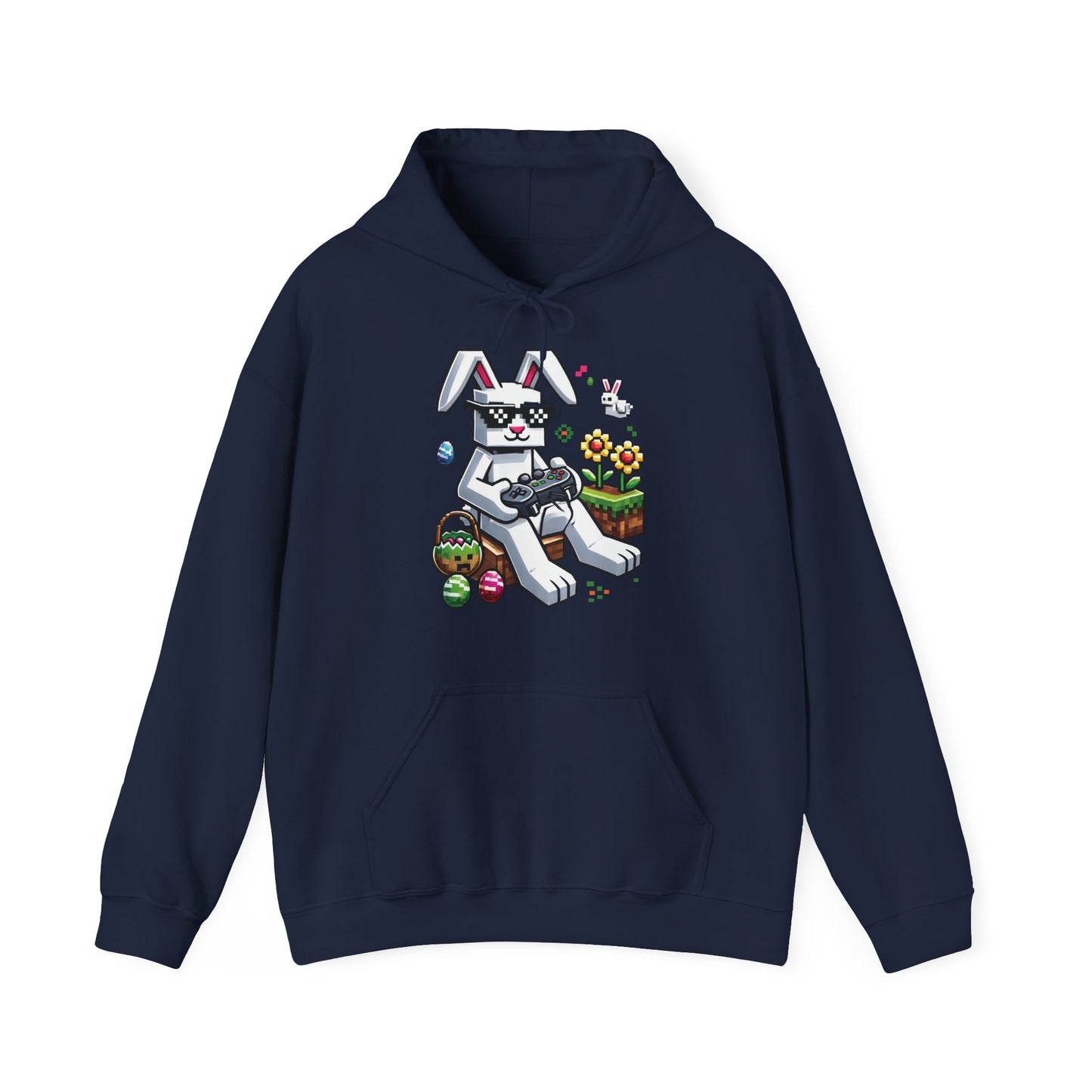 Front view of navy hoodie with Minecraft bunny and stacked Easter eggs. Part of the Vivid Divergence Sensory Friendly Unisex Hoodies Range.