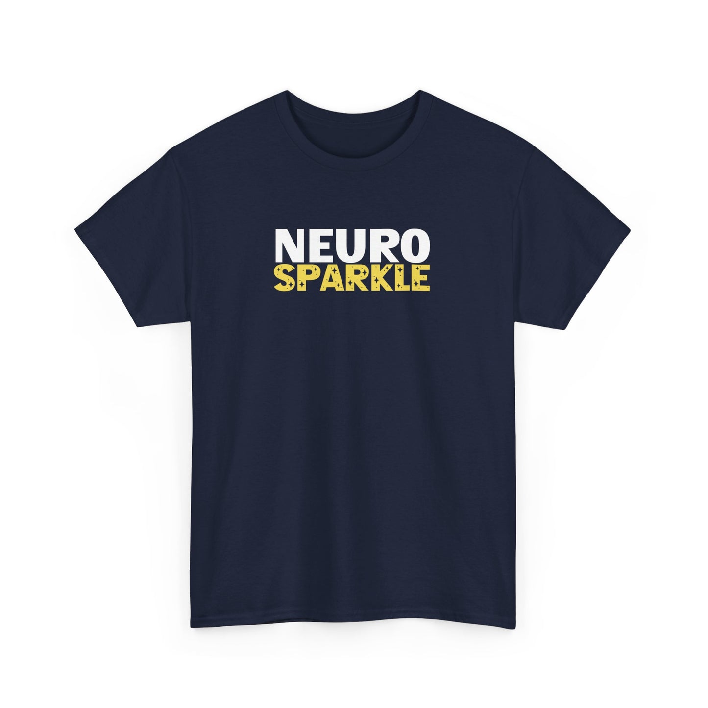 Front view of a navy T-shirt with "Neurosparkle" in bold white and yellow text. Part of the Vivid Divergence Sensory Friendly Unisex Tees Range.