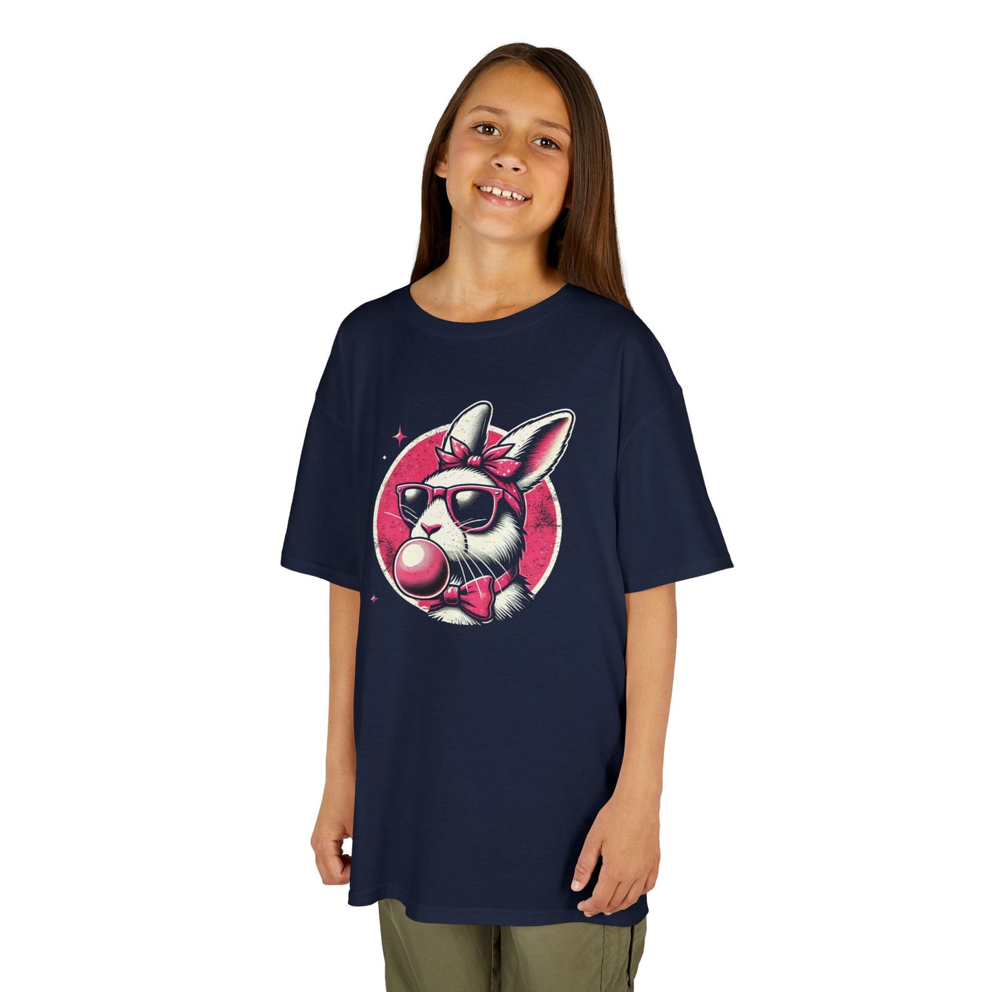 Child wearing a navy blue Easter T-shirt with a retro bunny blowing bubblegum, a fun and fashionable Easter outfit. Hop into the season in style and shop Easter shirts online today!