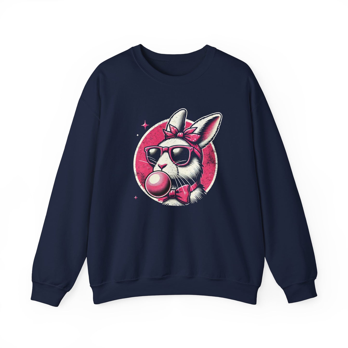 Front view of navy sweater jumper featuring bubblegum-blowing bunny in retro style. Part of the Vivid Divergence Sensory Friendly Unisex Sweater Jumper Range.