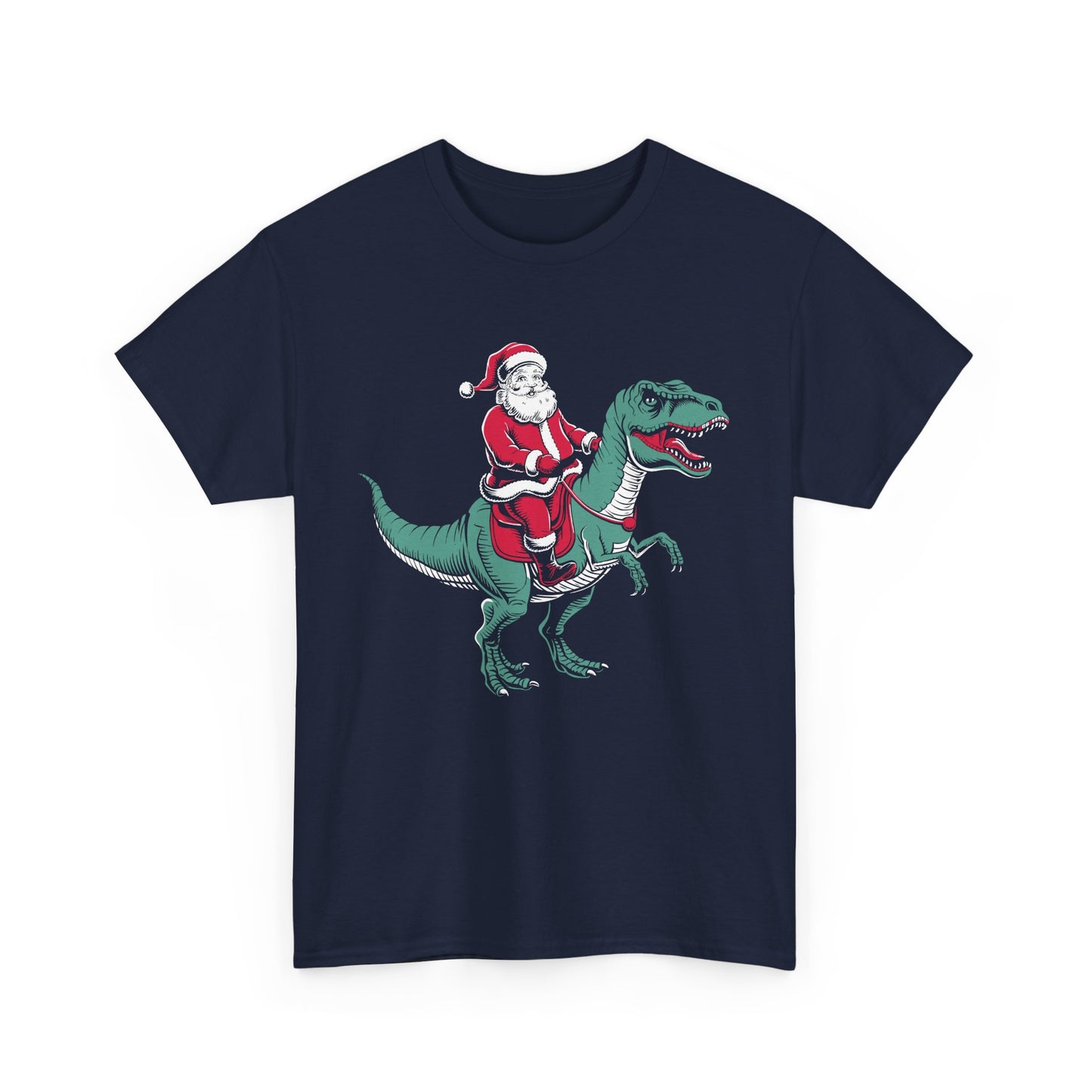 Front view of a navy blue T-shirt featuring Santa riding a dinosaur in a playful holiday design. Part of the Vivid Divergence Sensory Friendly Unisex Tees Range.