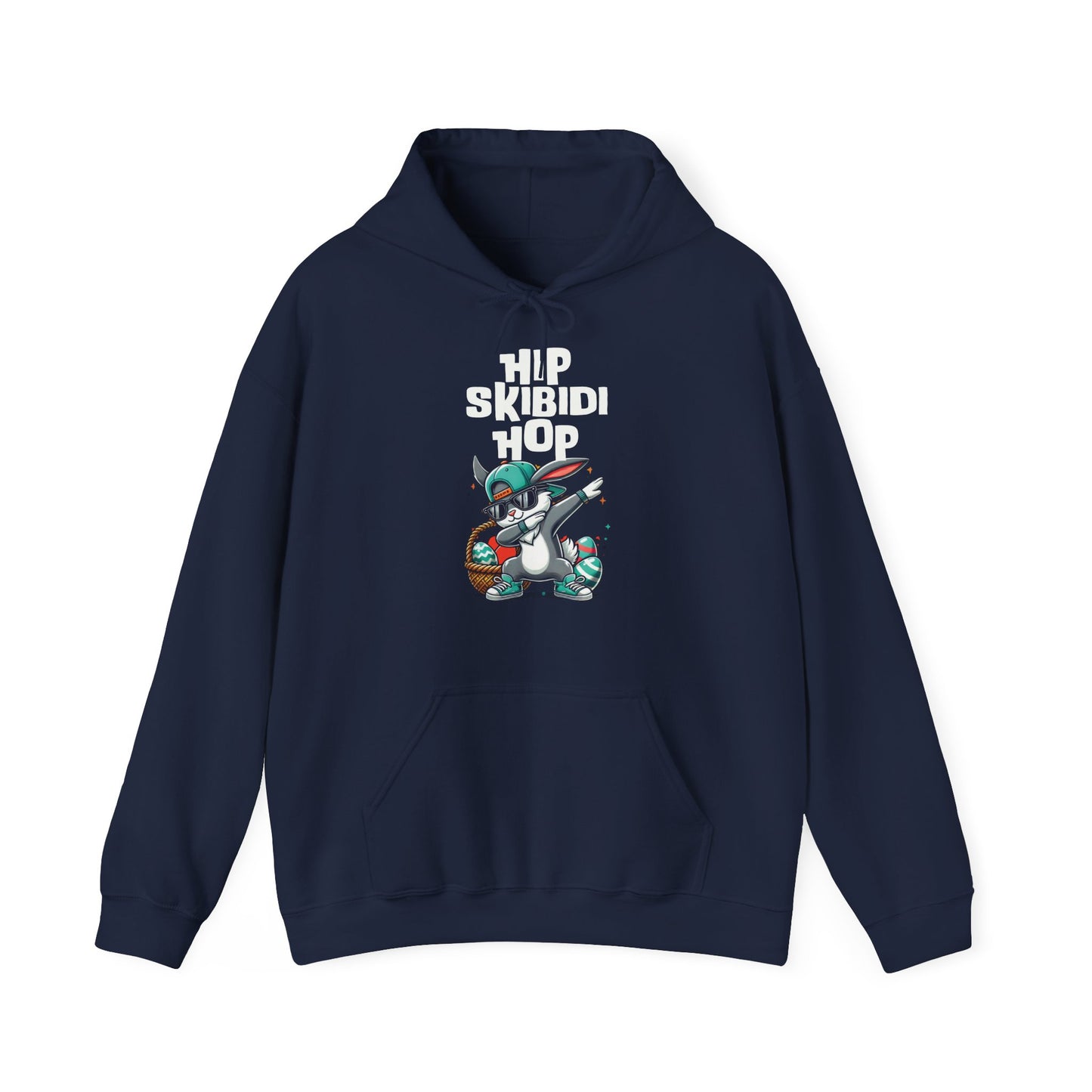Front view of navy hoodie with Skibidi Easter dab bunny in hip hop style. Part of the Vivid Divergence Sensory Friendly Unisex Hoodies Range.