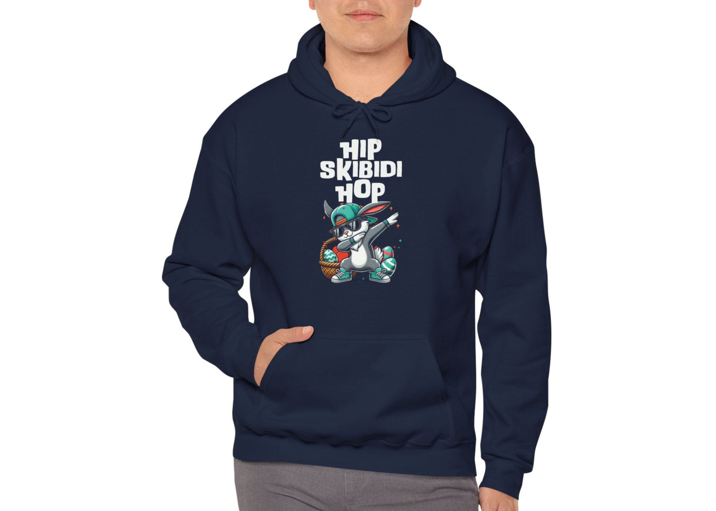 Man modeling navy hoodie with Skibidi hip hop dab bunny for Easter. Part of the Vivid Divergence Sensory Friendly Unisex Hoodies Range.