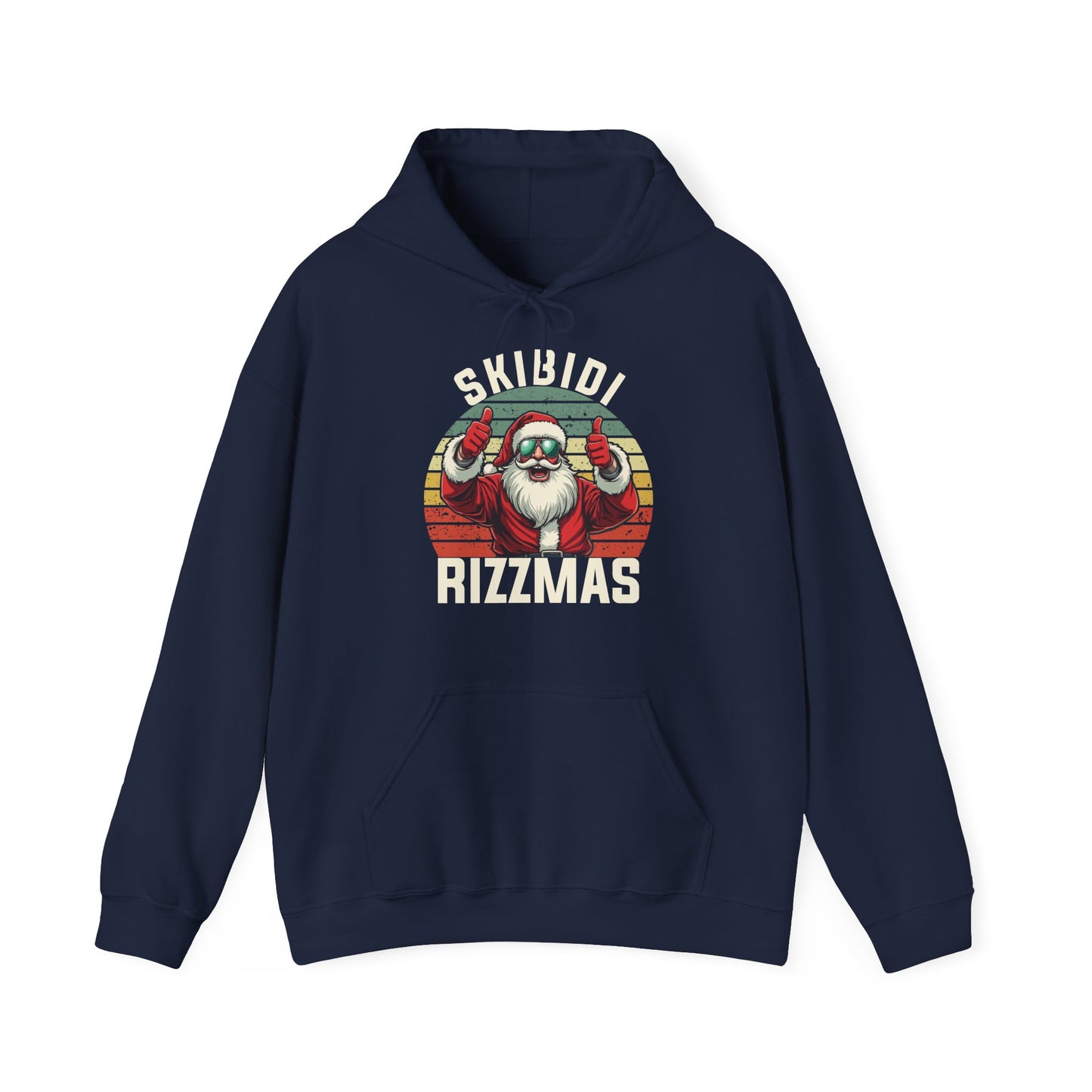 Front view of a navy blue hoodie showcasing a Skibidi Rizzmas holiday design in a vintage aesthetic. Part of the Vivid Divergence Sensory Friendly Unisex Hoodies Range.
