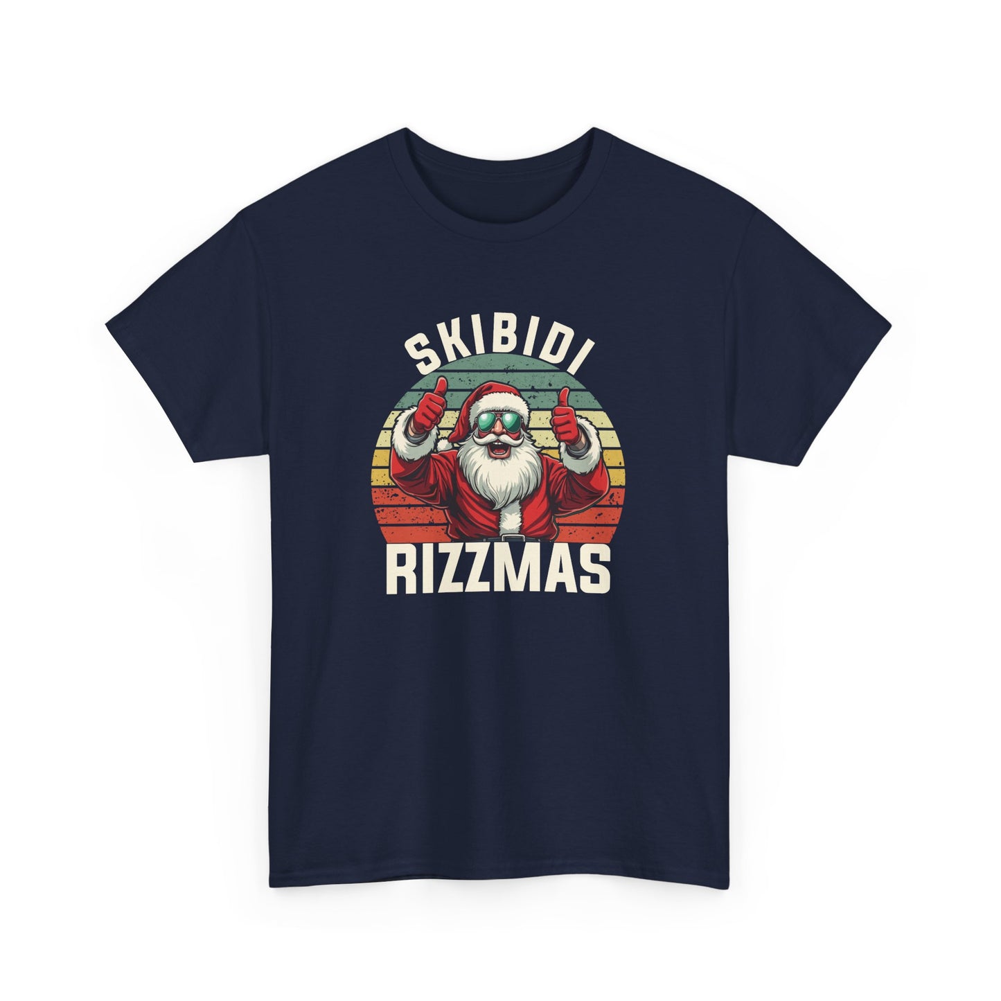Front view of a navy blue T-shirt with a festive Skibidi Rizzmas holiday-themed design in vintage style. Part of the Vivid Divergence Sensory Friendly Unisex Tees Range.