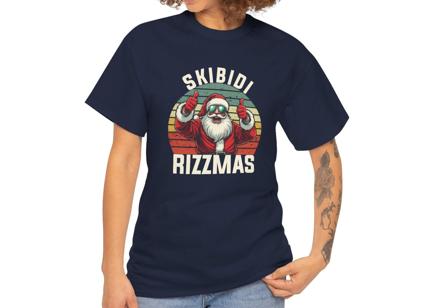 Model wearing a navy blue T-shirt with a festive Skibidi Rizzmas holiday-themed design in vintage style. Part of the Vivid Divergence Sensory Friendly Unisex Tees Range.