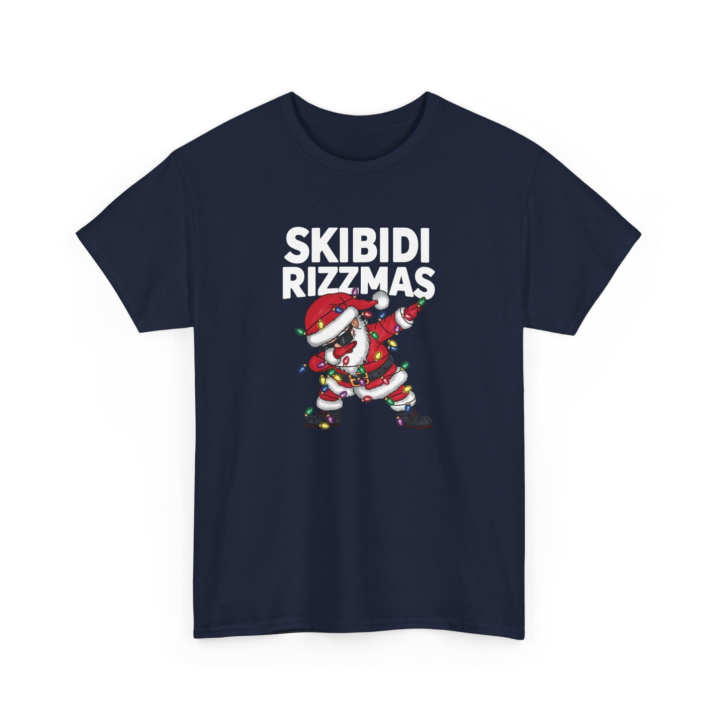 Navy blue T-shirt with a dabbing Santa and "Skibidi Rizzmas" text. Part of the Vivid Divergence Sensory Friendly Unisex Tees Range.