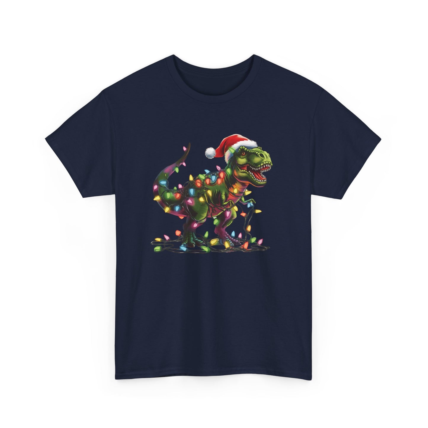 Navy blue T-shirt with a playful T-Rex tangled in Christmas lights, wearing a Santa hat. Part of the Vivid Divergence Sensory Friendly Unisex Tees Range.