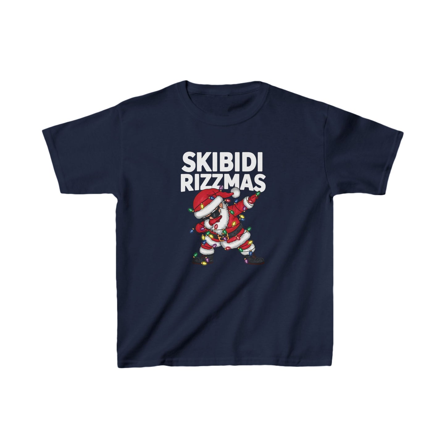 Navy blue kids' T-shirt featuring a dabbing Santa and "Skibidi Rizzmas" text. Part of the Vivid Divergence Sensory Friendly Unisex Tees Range.