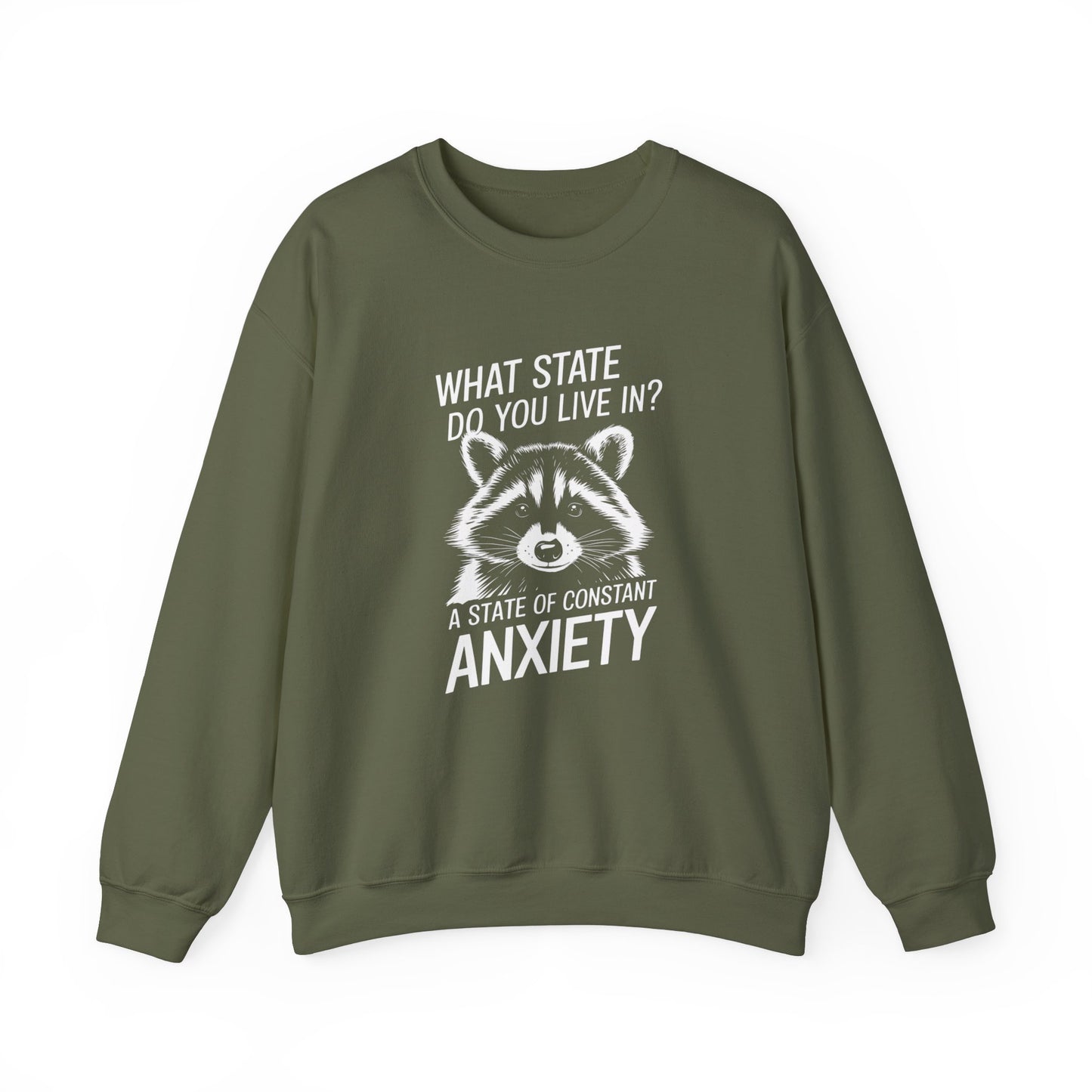 Front view of an olive green sweater jumper with the text "What state do you live in? A constant state of anxiety" and a cartoon raccoon illustration. Part of the Vivid Divergence Sensory Friendly Unisex Sweater Jumper Range.