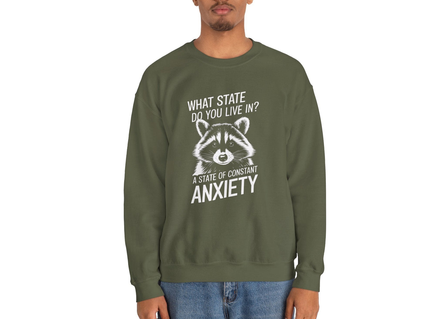 Model wearing an olive green sweater jumper with the text "What state do you live in? A constant state of anxiety" and a cartoon raccoon illustration. Part of the Vivid Divergence Sensory Friendly Unisex Sweater Jumper Range.