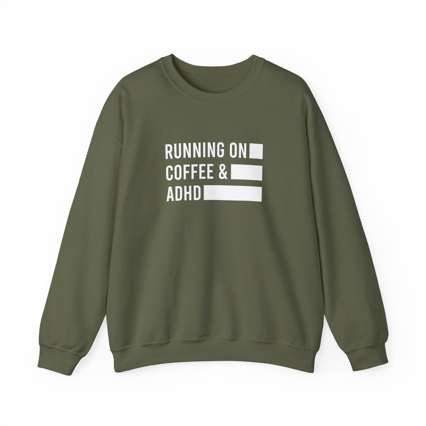 Front view of an olive green sweater jumper with the text "Running on Coffee & ADHD" in bold white lettering and a battery graphic. Part of the Vivid Divergence Sensory Friendly Unisex Sweater Jumper Range.