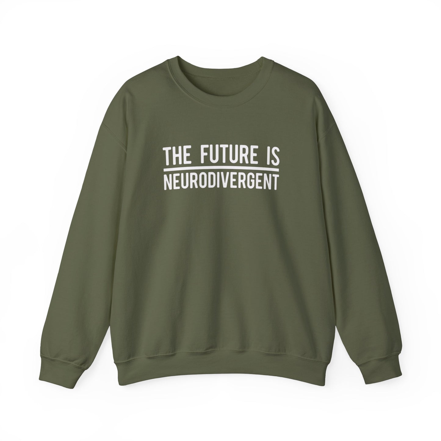 Front view of an olive green sweater jumper with the text "The Future is Neurodivergent" in bold white lettering. Part of the Vivid Divergence Sensory Friendly Unisex Sweater Jumper Range.