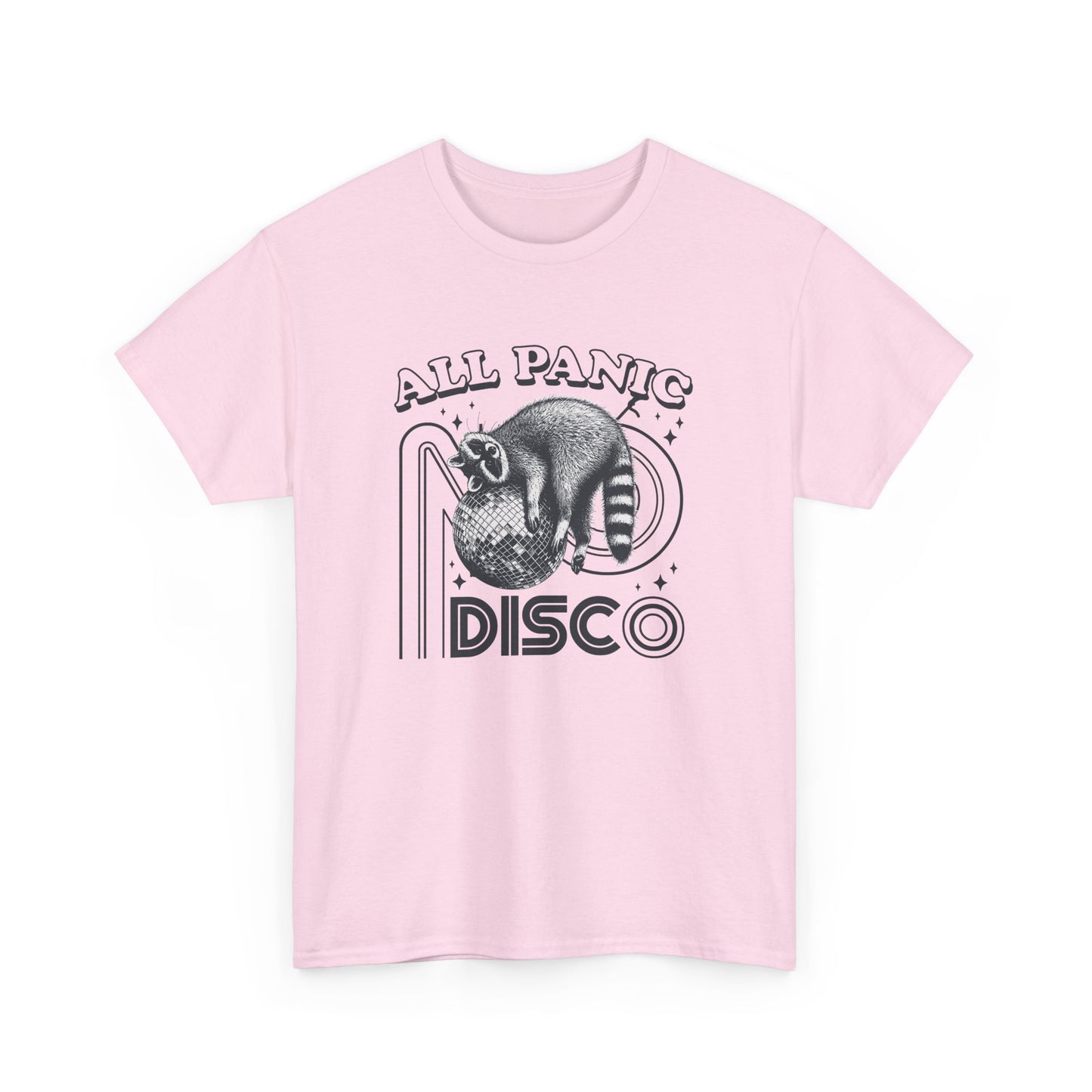 Front view of a pink T-shirt featuring "All Panic No Disco" text with a raccoon illustration inside a disco ball. Part of the Vivid Divergence Sensory Friendly Unisex Tees Range.