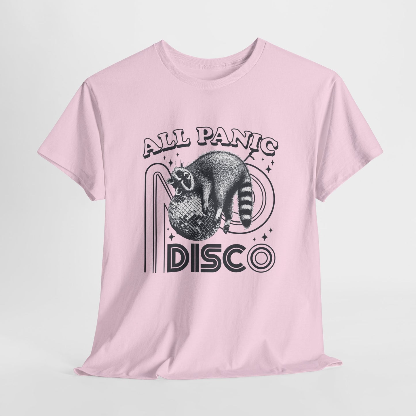 Hanging pink T-shirt featuring "All Panic No Disco" text with a raccoon illustration inside a disco ball. Part of the Vivid Divergence Sensory Friendly Unisex Tees Range.