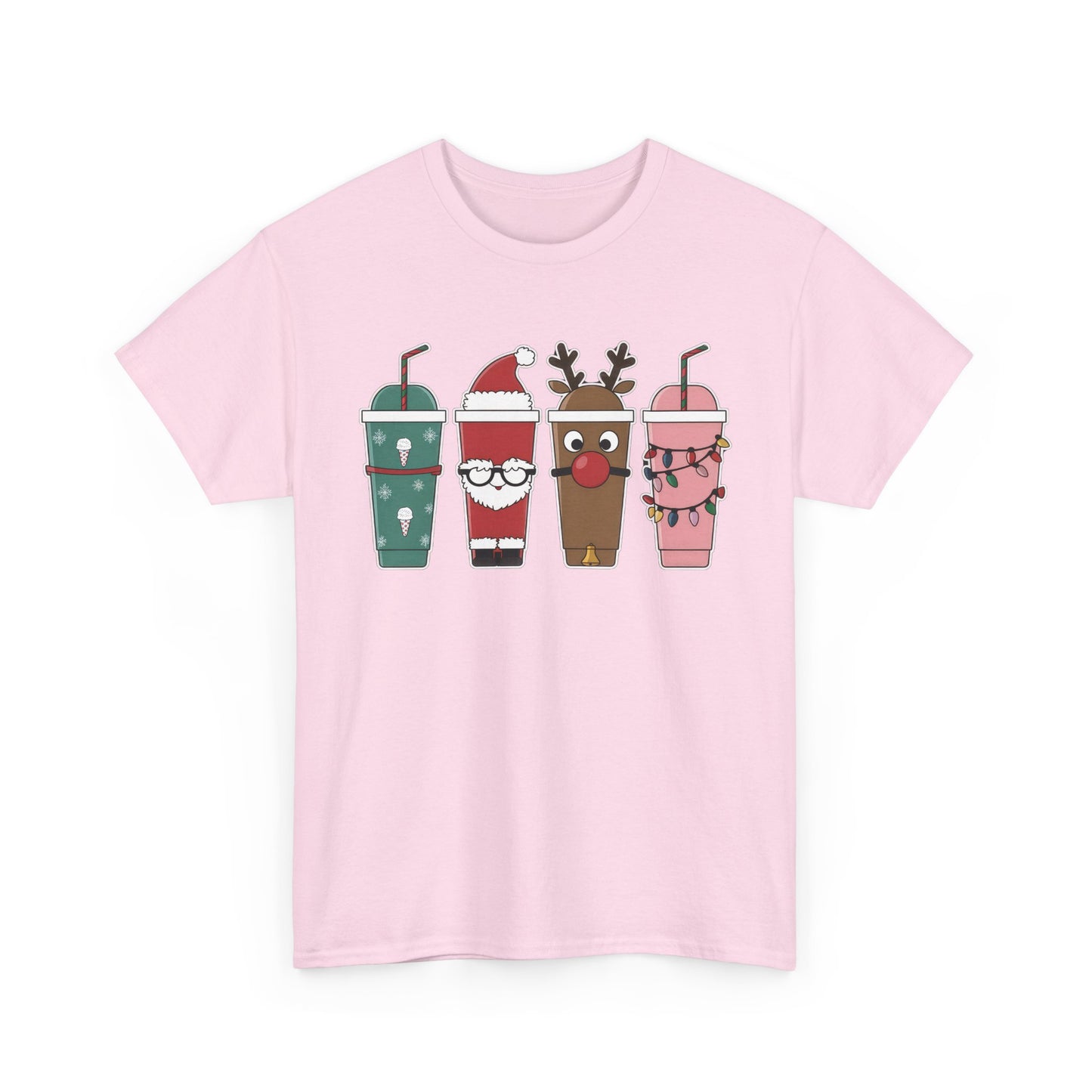 Front view of a pink T-shirt featuring a festive illustration of four iced coffee cups decorated with Christmas designs, including reindeer, Santa, and holiday patterns. Part of the Vivid Divergence Sensory Friendly Unisex Tees Range.