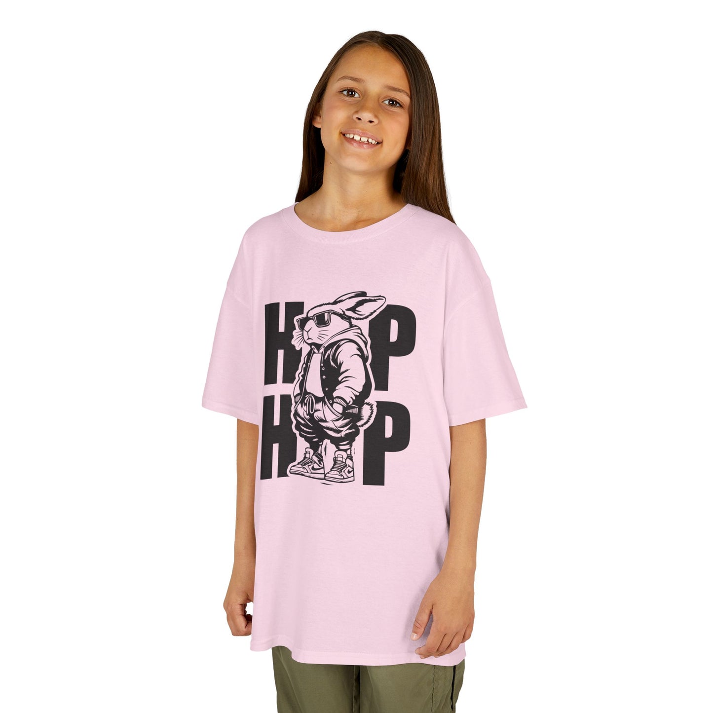 Child wearing a pink hip-hop bunny Easter T-shirt, front view. A fun and festive Easter shirt choice. Hop into the season in style and shop Easter shirts online today!