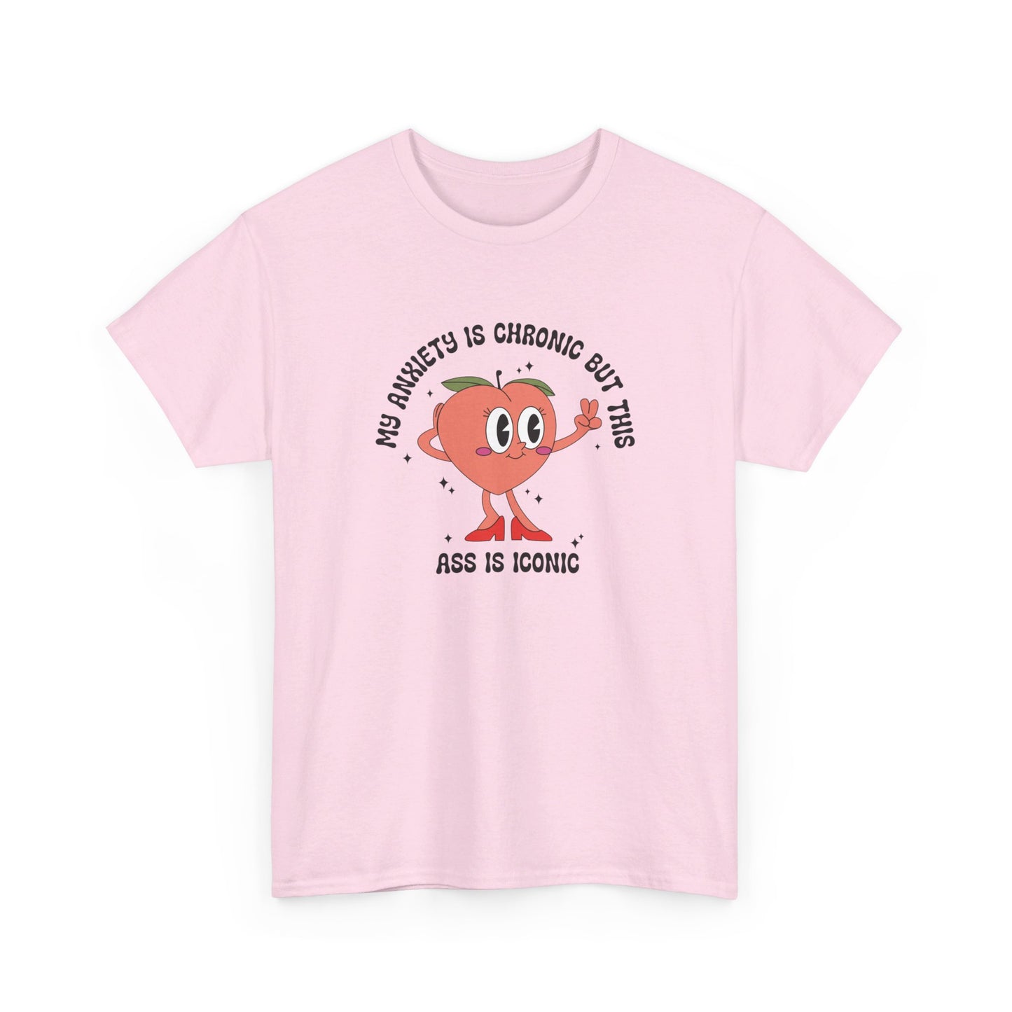 Pink T-shirt showcasing the text "My Anxiety Is Chronic But This Ass Is Iconic" with a bold graphic, displayed on a white background. Part of the Vivid Divergence Sensory Friendly Unisex Tees Range.