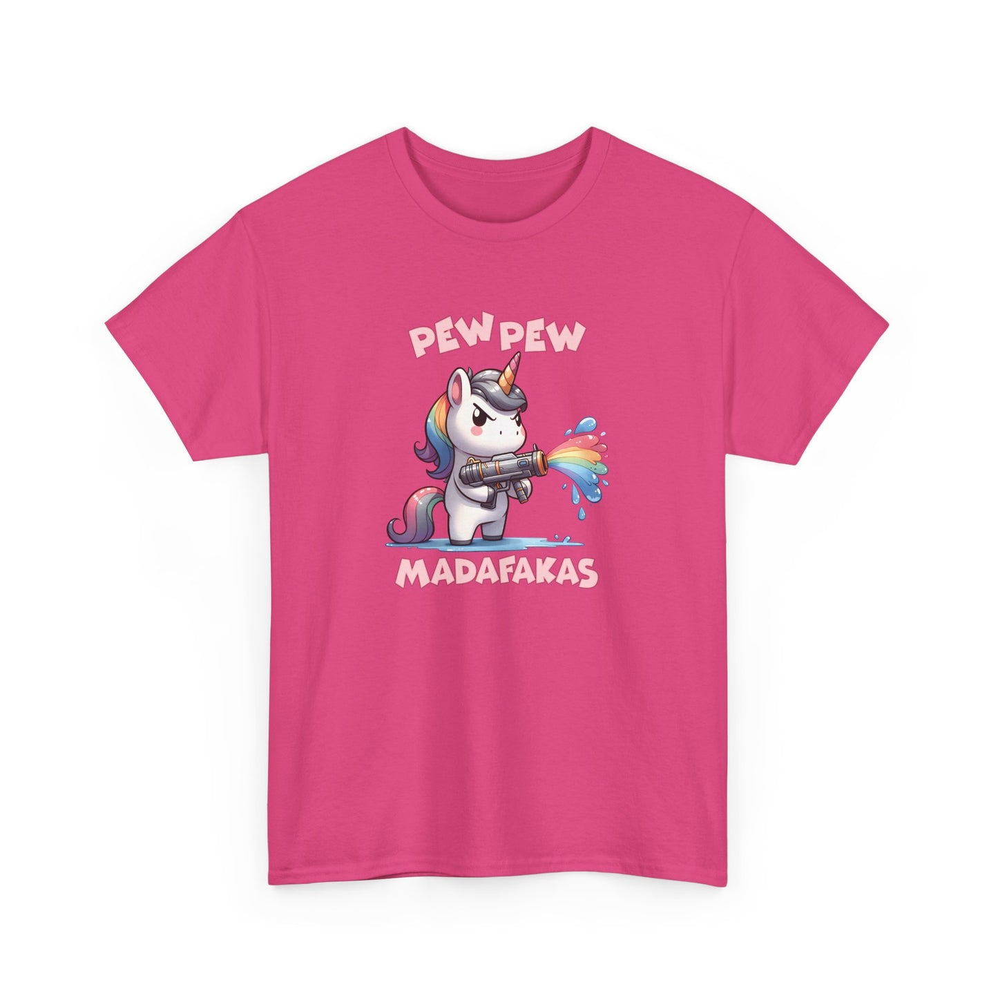 Front view of a pink T-shirt with a "Pew Pew Madafakas" unicorn graphic. Part of the Vivid Divergence Sensory Friendly Unisex Tees Range.